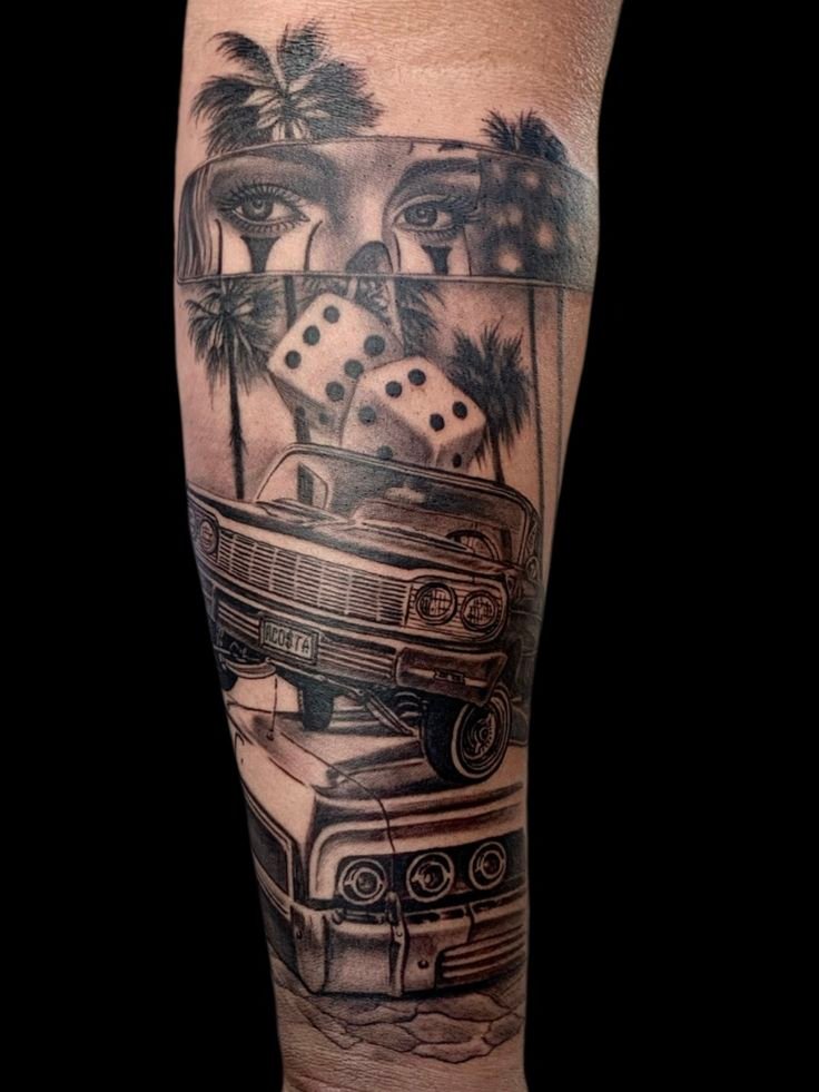 Tatuaje Chicano de automóvil Lowrider en negro y gris.